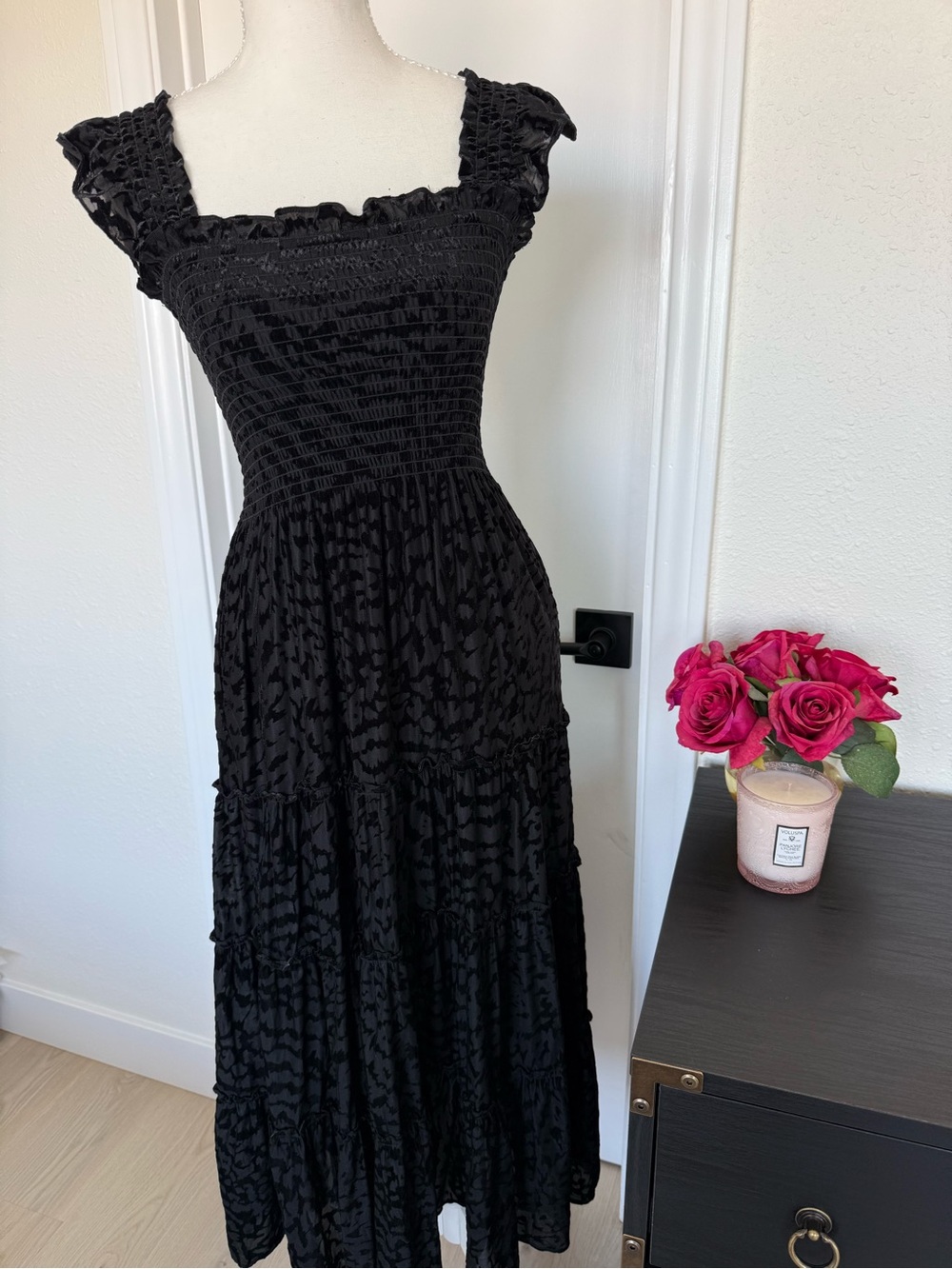 Black Smocked Midi Dress with Ruffle Straps Sm
